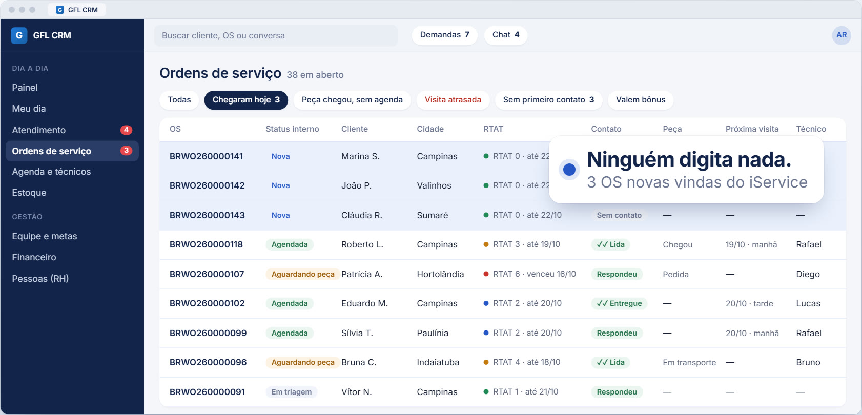 Lista de ordens de serviço com OS novas vindas do iService