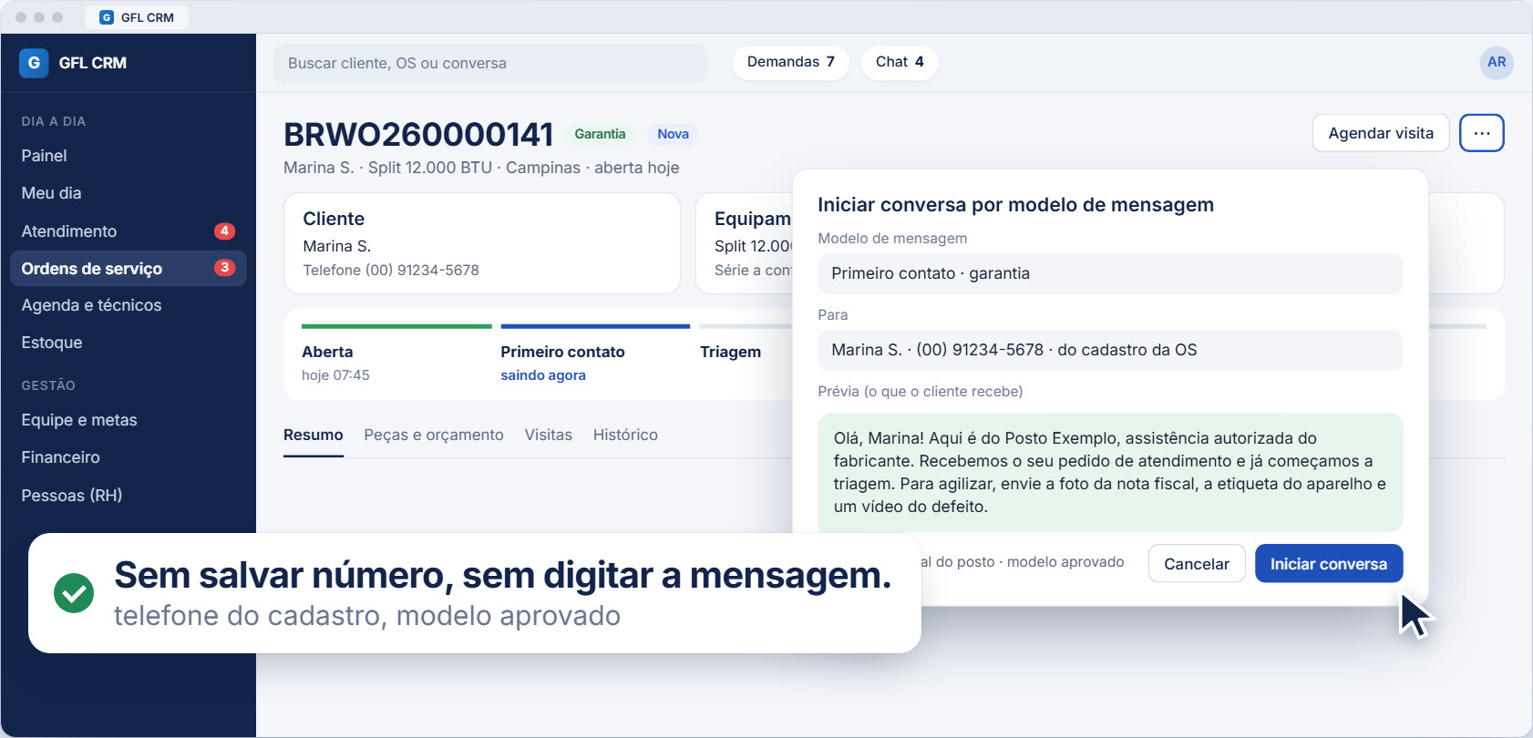 OS com o primeiro contato enviado pelo WhatsApp