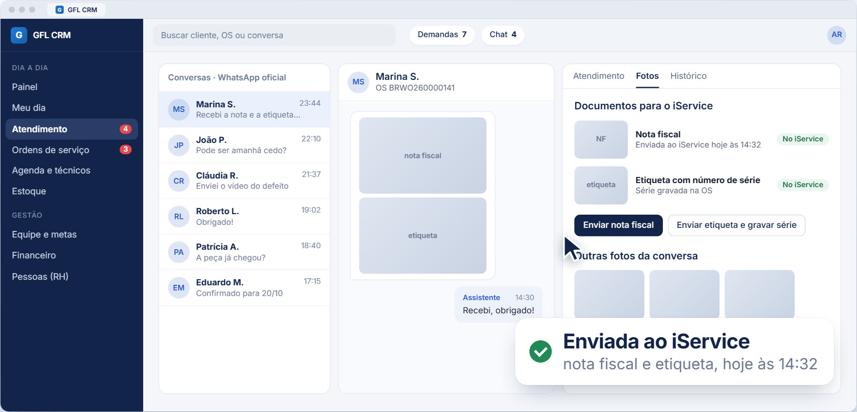 Documentos da conversa sendo enviados ao iService