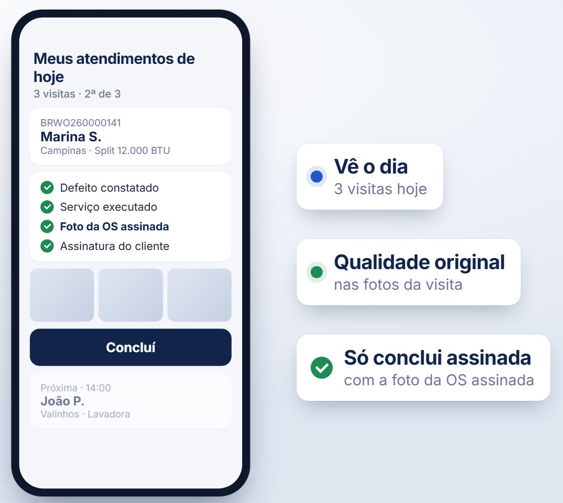Tela do técnico no celular com a checklist da visita